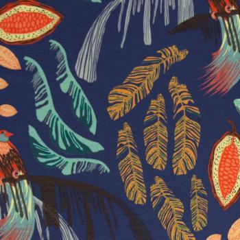 Viskose-Jersey Birds of Paradise by Bienvenido Colorido - blau-bunt, Blätter und Vögel